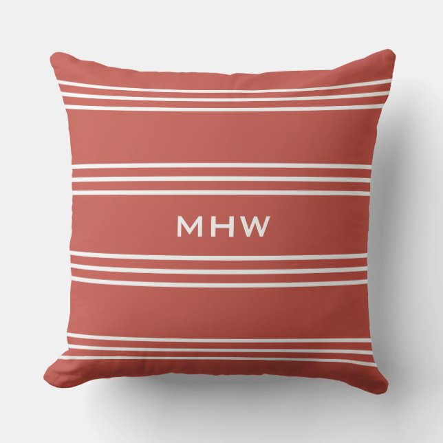 Tomato Red Stripes custom monogram throw pillows (Front)