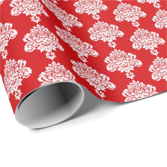 Tomato Red | White Damask Wrapping Paper (Roll Corner)