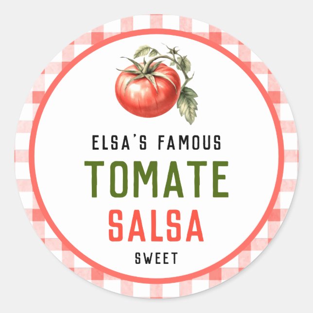 Tomato Salsa preserve with red tomato farm look Classic Round Sticker (Front)