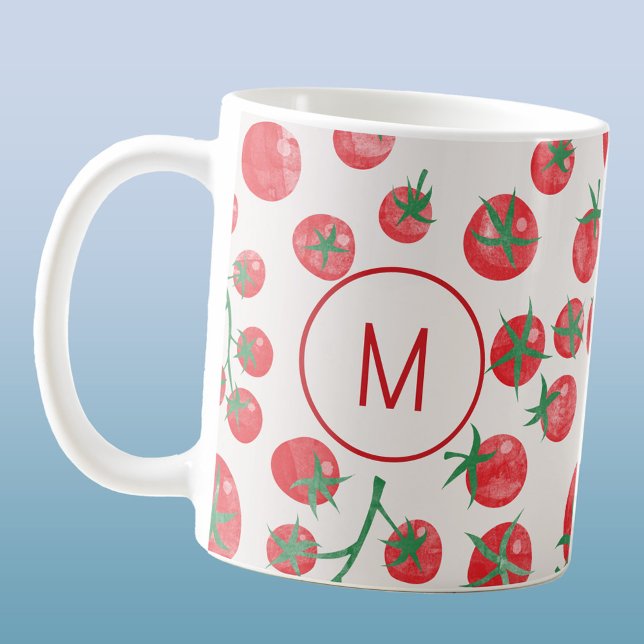 Tomato Watercolor Mediterranean Monogram Initial Coffee Mug (Modern monogram initial personalized tomato watercolor art coffee mug)