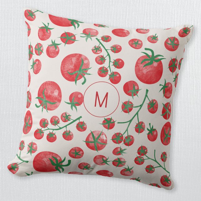 Tomato Watercolor Mediterranean Monogram Initial Throw Pillow (Fun watercolor tomato Mediterranean pattern monogram initial personalized throw pillow)
