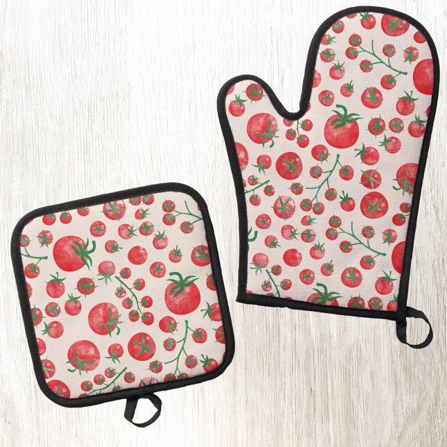 Tomato Watercolor Pattern Oven Mitt & Pot Holder Set (Fun Mediterranean watercolor tomato pattern kitchen oven mitt and pot holder set)