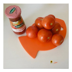 TOMATOES ON AN ORANGE CUTTING BOARD POSTER