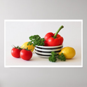 Tomatoes, Pepper, Parsley, Black Striped Bowl Poster