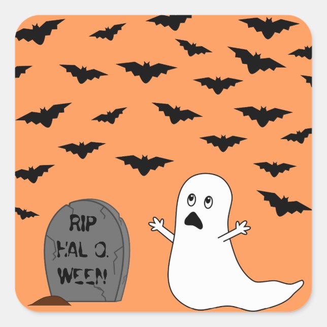 Tombstone, Ghost & Bats (Orange Background) Square Sticker (Front)