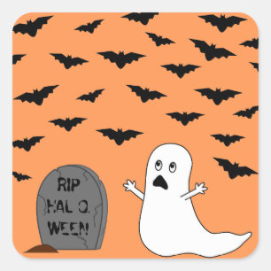 Tombstone, Ghost & Bats (Orange Background) Square Sticker