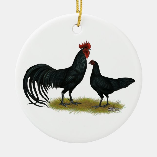 Tomeru Long Crower Chickens Ceramic Ornament (Front)