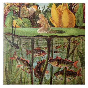 Tommelise very desolate on the water lily leaf, in tile