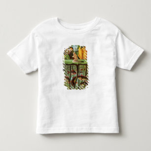 Tommelise very desolate on the water lily leaf, in toddler t-shirt