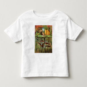 Tommelise very desolate on the water lily leaf, in toddler t-shirt