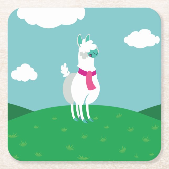 Tommy the Llama Square Paper Coaster (Front)