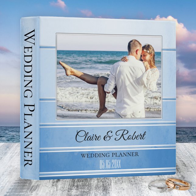 Ton bleu sur ton rayé Mariage photo Classeur (Wedding photo binder with a blue painted tone on tone striped design with a silver lining)