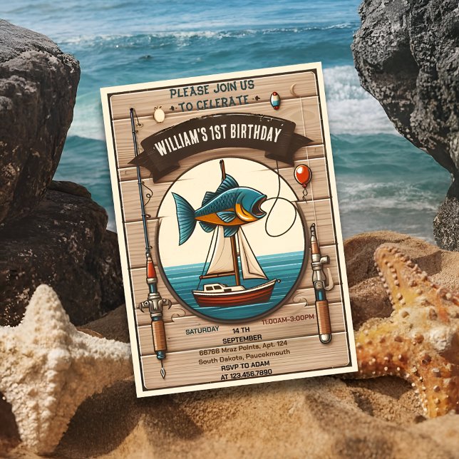 tone boat cute boy Fish ofishally one 1st Birthday Invitation (Creator Uploaded)