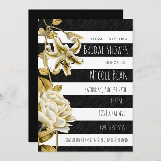 Tone Or Floral Noir & Blanc Gratté Invitation (Devant / Derrière)