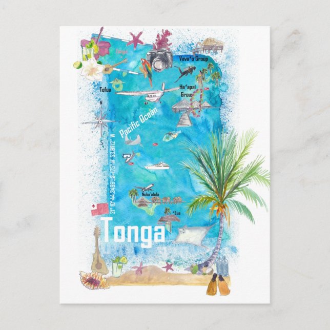 Tonga Polynesia Illustrated Travel Map  Postcard (Front)