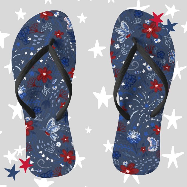 Tongs 4 juillet, Indépendance Patriotique Rouge Bleu Ble (4th of July, Independence Day, Red White and Blue, Floral, Flowers, Hummingbirds, Butterflies, Bees)