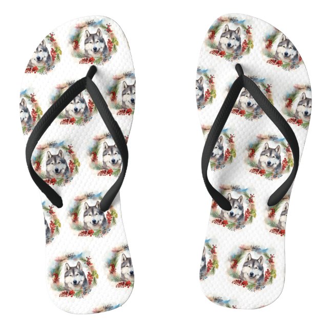 Tongs Alaskan Malamute Festive de la couronne de Noël (Semelle)