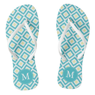 Tongs Aqua et Diamants Jaunes Motif Ikat Personnalisé