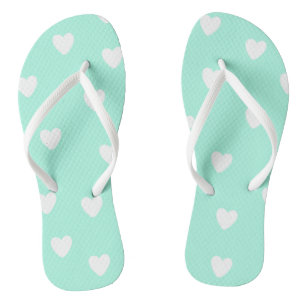Tongs Aqua Mint avec un Motif de Coeurs Blancs mignons