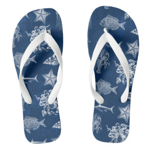 Tongs Aquarelle bleu marine Océan Animaux marins