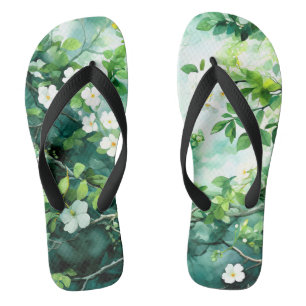 Tongs Aquarelle botanique Fleurs blanches Feuilles verte