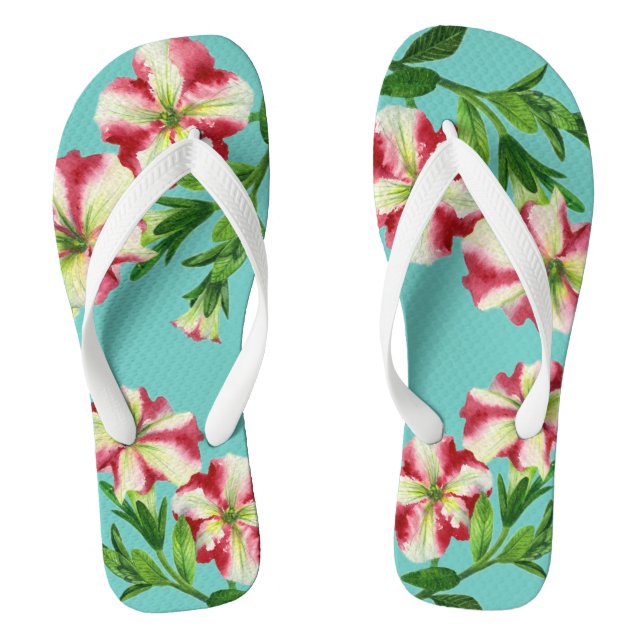 Tongs Aquarelle Rouge Petunias Rouge Blanc Turquoise Bas (Semelle)