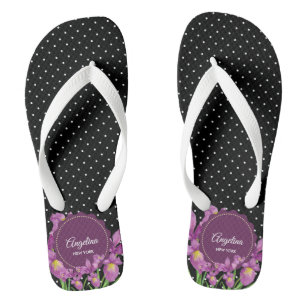 Tongs Aquarelle violet Iris noir blanc Pois