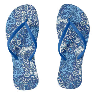 Tongs Art Nouveau Algue Florale, Bleu Cobalt et Blanc