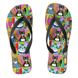 Tongs Art populaire fantaisiste chats colorés