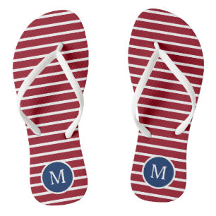 Tongs Bandes rouges et blanches avec Monogramme bleu mar