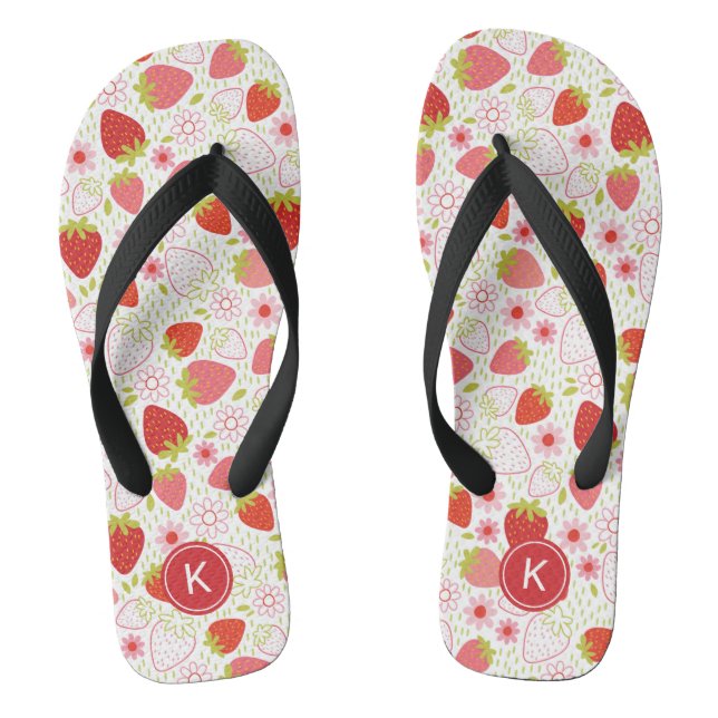 Tongs Beau feuillage Motif de fraise rose estivale (Semelle)