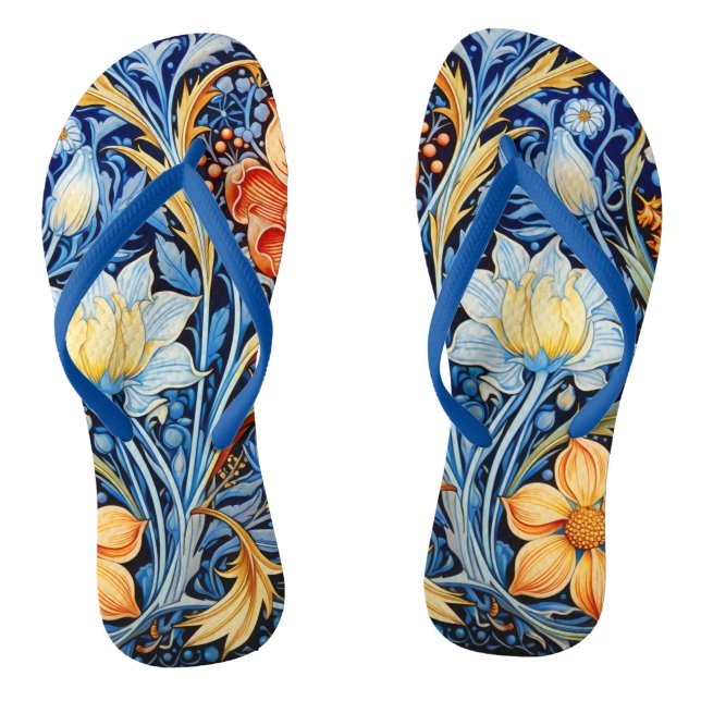 Tongs Beau motif floral bleu jaune orange (Semelle)