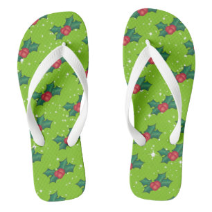 Tongs Berries Holly avec neige et étoiles sur vert clair