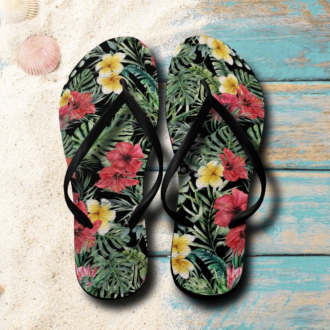 Tongs Black Tropical Floral Pattes Flip Flops (Créateur téléchargé)