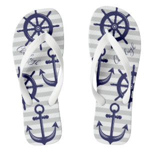 Tongs Bleu marine Ancre bateau à roue Gris Gris