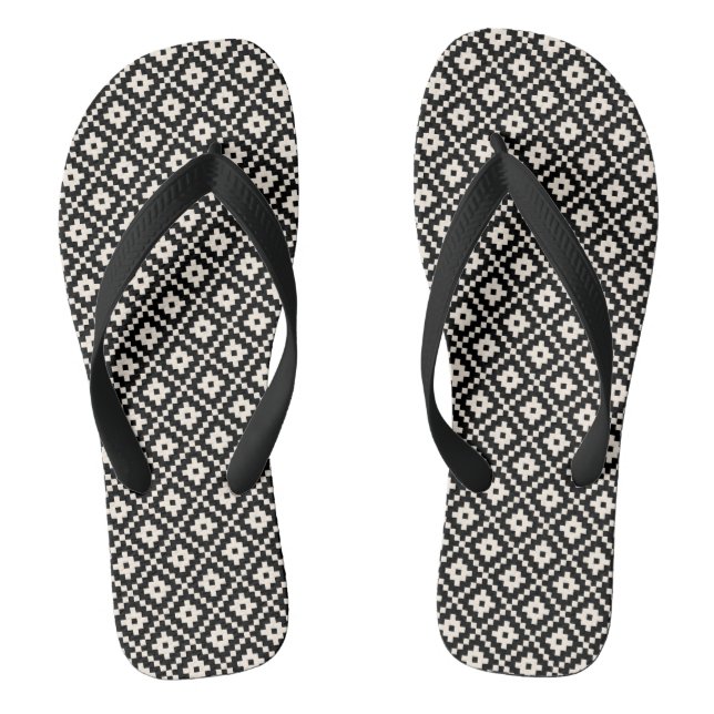 Tongs Bloc de style Aztec Imprimer noir+crème Motif Rpt (Semelle)