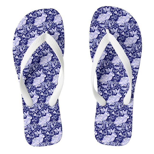 Tongs Blue Rabbit Motif Floral Bird Woodland Unique (Semelle)