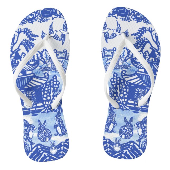 Tongs Blue Willow Rabbit Oriental Garden Whimsical Bunny (Semelle)