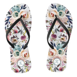 Tongs Boho Aquarelle Crème Vert rose Monogramme Floral