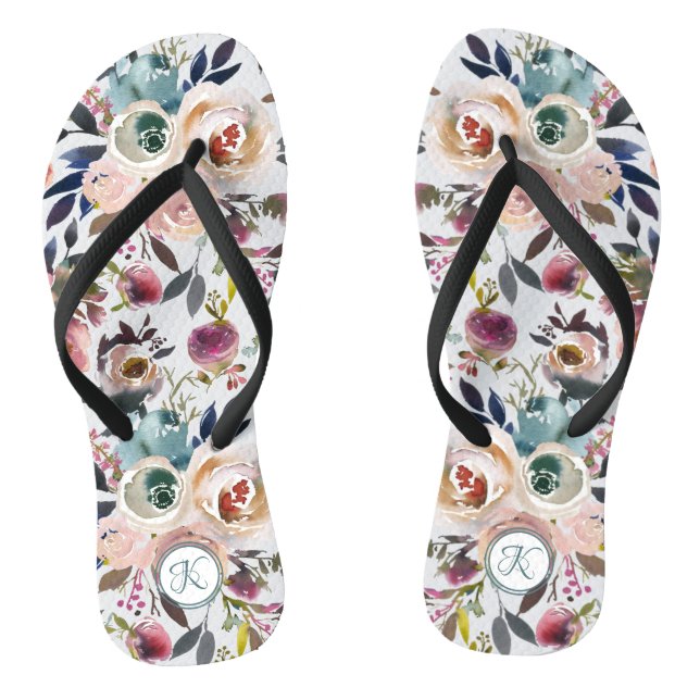 Tongs Boho Aquarelle Crème Vert rose Monogramme Floral (Semelle)