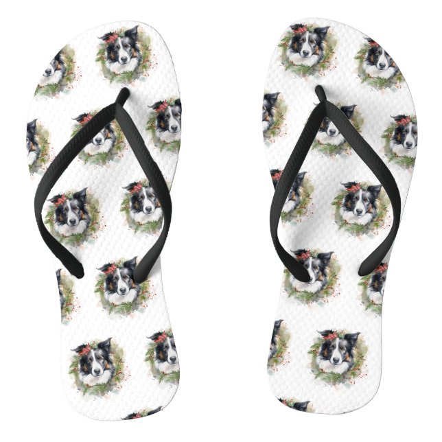 Tongs Bordure Collie Fête de Noël Wreath Pup (Semelle)