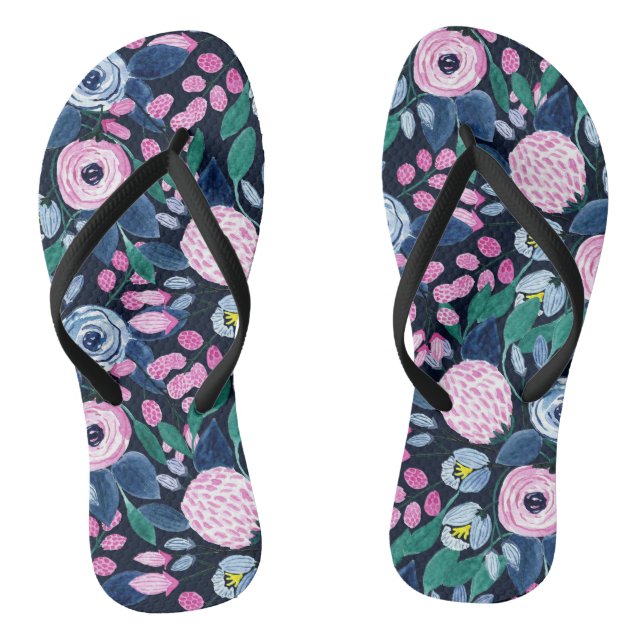 Tongs Bouquet d'aquarelle bleu marine rose (Semelle)