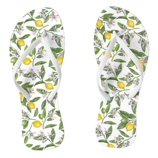 Tongs Branches de citron avec fleurs et fruits sur blanc (Semelle)