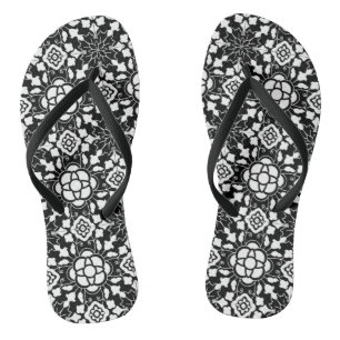 Tongs Carreau marocain floral, noir et blanc