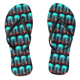 Tongs Chat bleu russe d'Halloween avec la peur Citrouill