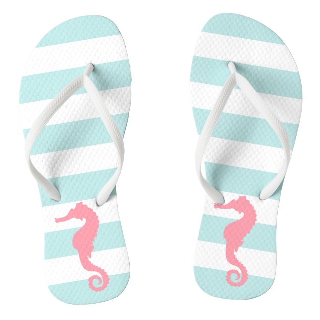 Tongs Cheval de mer rose sur les rayures de menthe (Semelle)