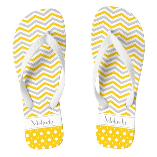 Tongs Chevron & pois modernes jaune, gris, blanc (Semelle)
