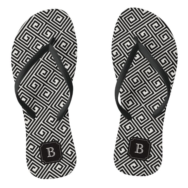 Tongs Chic élégant moderne noir ivoire grec clé Monogram (Semelle)