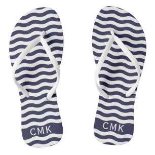 Tongs Chic Marine Bleu Vagues Nautiques Plage Monogramme