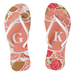 Tongs Chic or & Pêche Aquarelle Rose Floral Monogramme